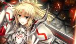  1girl angry armor artist_name blonde_hair clarent dated fate/apocrypha fate_(series) gauntlets green_eyes hair_ornament hair_scrunchie highres medium_hair mordred_(fate) mordred_(fate)_(all) ponytail scrunchie solo spiky_hair stone_floor theerawat 