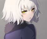  1girl blue_jacket blush commentary eyebrows_visible_through_hair face fate/grand_order fate_(series) from_behind fur_trim highres jacket jeanne_d&#039;arc_(alter)_(fate) jeanne_d&#039;arc_(fate)_(all) looking_back neko-san_(dim.dream) open_mouth short_hair silver_hair simple_background yellow_eyes 