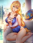  1girl adapted_costume barefoot blonde_hair blue_eyes breasts center_opening cleavage large_breasts long_hair long_ponytail open_mouth pillar pink_lady_mage shield sophitia_alexandra soul_calibur tagme 