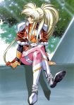  1girl absurdres argyle_cutout arms_at_sides blonde_hair cleavage_cutout day full_body highres legs_crossed light_rays long_hair long_sleeves outdoors ponytail profile scan sitting solo urushihara_satoshi very_long_hair 
