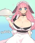  1girl apron aqua_background ariesuzu_(ariessz) arm_behind_back azur_lane bangs black_choker blue_background blue_eyes blunt_bangs breasts character_name choker cleavage closed_mouth gradient gradient_background heart holding huge_breasts key long_hair looking_at_viewer maid maid_headdress pink_hair pom_pom_(clothes) puffy_short_sleeves puffy_sleeves short_sleeves smile solo suffolk_(azur_lane) tareme two-tone_background waist_apron white_apron 