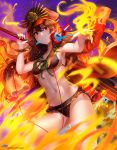  1girl absurdres arm_up bangs bikini black_bikini black_hat blush breasts brown_hair cape closed_mouth collarbone commentary_request eyebrows_visible_through_hair family_crest fate/grand_order fate_(series) fire hair_between_eyes hat headphones headphones_around_neck highres holding holding_sword holding_weapon katana koha-ace kyjsogom long_hair medium_breasts military_hat navel oda_nobunaga_(fate) oda_uri peaked_cap red_cape red_eyes smile solo swimsuit sword very_long_hair watermark weapon web_address 