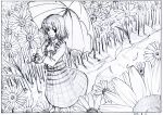  1girl ascot black_border border character_request collared_shirt dated dress field flower flower_field graphite_(medium) greyscale highres holding holding_umbrella key_frame long_sleeves looking_at_viewer monochrome pink_x scan shirt short_hair skirt smile solo standing sunflower touhou traditional_media umbrella wing_collar 