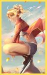  1girl absurdres ahoge artist_name blonde_hair boots braid coat commentary_request cutoff_jeans cutoffs fate/apocrypha fate/grand_order fate_(series) flag flagpole french_braid grin hair_ornament hair_scrunchie highres leather leather_boots midriff mordred_(fate) mordred_(fate)_(all) osatou_(piropiro_open) ponytail red_coat scrunchie short_hair short_shorts shorts smile solo strapless tubetop yellow_border 
