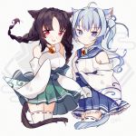  2girls animal_ears asashio_(azur_lane) azur_lane bangs bare_shoulders bell blue_eyes blue_hair blue_ribbon blue_skirt braid breasts brown_hair cake_(isiofb) cat_ears cat_girl cat_tail commentary_request detached_sleeves eyebrows_visible_through_hair frilled_skirt frills green_skirt grey_background hair_ribbon highres japanese_clothes jingle_bell kimono long_sleeves low_twintails medium_breasts multiple_girls ooshio_(azur_lane) parted_bangs pleated_skirt red_eyes ribbon ribbon-trimmed_legwear ribbon_trim skirt sleeves_past_fingers sleeves_past_wrists tail twin_braids twintails white_kimono white_legwear wide_sleeves 