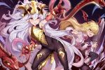  &gt;:d 2girls absurdly_long_hair absurdres bare_shoulders big_hair bodysuit elbow_gloves fang gloves gluteal_fold gorgon granblue_fantasy headpiece highres long_hair medusa_(shingeki_no_bahamut) multiple_girls open_mouth pointy_ears red_eyes red_gloves shadowverse shanyao_jiang_tororo shingeki_no_bahamut silver_hair snake vampy very_long_hair 