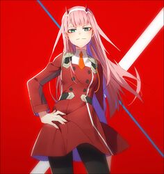  1girl bangs black_legwear breasts closed_mouth darling_in_the_franxx dress fingernails green_eyes hakusai_(tiahszld) hand_on_hip horns long_hair looking_at_viewer nail_polish pantyhose pink_hair pink_nails red_dress small_breasts smile solo very_long_hair zero_two_(darling_in_the_franxx) 