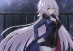  1girl black_dress coat commentary_request denfo dress fate/grand_order fate_(series) fur-trimmed_coat fur_trim hand_on_hip highres jeanne_d&#039;arc_(alter)_(fate) jeanne_d&#039;arc_(fate)_(all) long_hair looking_at_viewer open_clothes open_coat railing silver_hair solo very_long_hair wicked_dragon_witch_ver._shinjuku_1999 yellow_eyes 