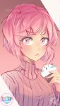  1girl :&lt; absurdres artist_name blush commentary copyright_name cupcake doki_doki_literature_club english_commentary eyebrows_visible_through_hair food hair_ornament hairclip highres looking_at_viewer moriartea-chan natsuki_(doki_doki_literature_club) pink_eyes pink_hair pink_sweater ribbed_sweater short_hair solo sweater upper_body 