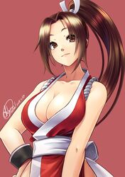  1girl bare_shoulders bracer breasts brown_eyes brown_hair cleavage fan fatal_fury folding_fan hair_tie hand_on_hip high_ponytail highres japanese_clothes large_breasts ninja obi ooike_teru pelvic_curtain ponytail revealing_clothes ribbon rope sash shiranui_mai signature smirk the_king_of_fighters white_ribbon 