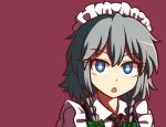  1girl black_neckwear blue_eyes bow braid commentary english_commentary eyebrows_visible_through_hair eyelashes face frilled_sleeves frills green_bow hair_between_eyes hair_bow izayoi_sakuya looking_at_viewer maid maid_headdress open_mouth portrait red_background short_hair silver_hair simple_background solo touhou twin_braids wing_collar wool_(miwol) 