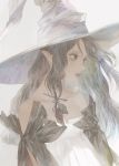  1girl bangs bare_shoulders black_eyes black_hair closed_mouth dress grey_background hair_between_eyes hat leaf long_hair matayoshi original pointy_ears simple_background solo upper_body white_dress white_hat witch witch_hat 
