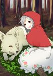  1girl :d big_bad_wolf_(grimm) black_sclera blush boots brown_footwear capelet forest grey_hair hood hood_up hooded_capelet kneeling little_red_riding_hood little_red_riding_hood_(grimm) looking_at_viewer looking_back nature nezuko open_mouth red_capelet red_eyes red_hood round_teeth short_hair skirt smile teeth tree white_skirt wolf 