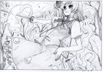  1girl black_border border bow bowtie closed_mouth collared_shirt dated ghost_tail graphite_(medium) greyscale hair_ornament holding holding_sword holding_weapon key_frame konpaku_youmu konpaku_youmu_(ghost) leaf monochrome outdoors pink_x puffy_short_sleeves puffy_sleeves scabbard scan sheath shirt short_sleeves skirt smile solo sword touhou traditional_media tree vest weapon wing_collar 