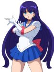  1girl bishoujo_senshi_sailor_moon blue_eyes blue_sailor_collar blush bow breasts choker cosplay cowboy_shot earrings elbow_gloves fate/grand_order fate_(series) gloves highres jewelry kerriaria large_breasts long_hair looking_at_viewer magical_girl red_bow red_choker sailor_collar sailor_moon sailor_moon_(cosplay) sailor_senshi_uniform saint_martha skirt solo very_long_hair white_gloves 