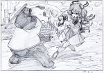  1girl action bandage bandaged_arm bangs baton black_border border bun_cover chains character_request china_dress chinese_clothes cuffs dated double_bun dress fighting fighting_stance flower graphite_(medium) highres key_frame legs_apart looking_at_another open_mouth panda pelvic_curtain pink_x ribbon rose scan shoes short_hair stairs standing standing_on_one_leg touhou traditional_media 