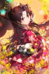  1girl bangs black_hair black_ribbon blush earrings eyebrows_visible_through_hair fate/grand_order fate_(series) floral_print flower hair_flower hair_ornament hair_ribbon highres hoop_earrings ishtar_(fate/grand_order) japanese_clothes jewelry kimono kyjsogom long_hair looking_at_viewer looking_to_the_side parasol parted_lips petals red_eyes red_kimono ribbon sash solo tohsaka_rin two_side_up umbrella wide_sleeves 