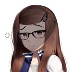  1girl =3 black-framed_eyewear brown_eyes brown_hair commentary english_commentary face glasses hair_ornament hairclip highres long_hair looking_at_viewer original sasoura simple_background smile smug solo white_background 