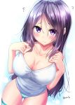  1girl bare_arms bare_shoulders blue_background blush breasts cleavage collarbone embarrassed flying_sweatdrops from_above gradient gradient_background horizontal-striped_legwear horizontal-striped_panties large_breasts long_hair looking_at_viewer mokufuu original panties purple_hair solo strap_pull striped striped_legwear striped_panties thigh-highs thighs twitter_username underwear violet_eyes white_background 