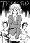  3boys beanie comic commentary cover cover_page crossdressinging greyscale grin hat looking_at_viewer monochrome multiple_boys original pcmaniac88 pleated_skirt rope shaded_face shirt skirt smile t-shirt tank_top tearing_up thigh-highs trap veins white_background zettai_ryouiki 