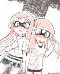 2girls bangs bare_arms bike_shorts blunt_bangs blush breasts closed_mouth cowboy_shot domino_mask eromame fang hand_up inkling legs_apart long_hair looking_down looking_up mask medium_breasts monochrome multiple_girls nose_blush open_mouth pointy_ears shirt short_sleeves side-by-side splatoon splatoon_1 standing suction_cups tank_top tentacle_hair twitter_username wet wet_clothes wet_hair wet_shirt yuri