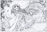  1girl :d bangs clouds dated day floating_hair graphite_(medium) greyscale highres houraisan_kaguya japanese_clothes kimono leaf long_hair long_sleeves monochrome open_mouth outdoors pink_x scan sky sleeves_past_fingers smile solo standing sun touhou traditional_media wide_sleeves 