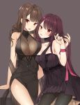  2girls ahoge alternate_costume arm_support armlet bangs black_dress black_legwear blunt_bangs blush breasts brown_hair canape_(canape0130) casual choker cleavage collarbone covered_navel dress dsr-50_(girls_frontline) earrings eyebrows_visible_through_hair girls_frontline hair_ornament hair_over_shoulder hand_in_another&#039;s_hair head_tilt highres jewelry large_breasts leaning leaning_back long_hair looking_at_viewer multiple_girls necklace no_bra open_mouth pantyhose pendant purple_hair red_eyes red_ribbon ribbon ring ruby_(stone) sideboob sidelocks simple_background skindentation smile strapless strapless_dress thighs very_long_hair wa2000_(girls_frontline) wedding_band wrist_ribbon 
