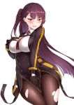  1girl absurdres bangs black_legwear blazer blush breasts brown_hair covering covering_crotch eyebrows_visible_through_hair framed_breasts girls_frontline gloves gusset hair_ribbon half_updo hand_on_own_chest head_tilt highres jacket large_breasts long_hair looking_at_viewer necktie one_side_up open_mouth pantyhose parted_lips pelvic_curtain purple_hair red_eyes red_neckwear red_ribbon ribbon shirt sidelocks signature simple_background skirt solo sweatdrop thighband_pantyhose torn_clothes torn_pantyhose very_long_hair wa2000_(girls_frontline) white_background zhi_jiyang 