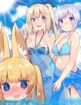  3girls :o @_@ ahoge animal_ears bangs bikini blonde_hair blue_eyes blue_sky blush breasts cleavage clouds collarbone commentary_request day dennou_shoujo_youtuber_shiro doorknoble drooling eyebrows_visible_through_hair fox_ears front-tie_bikini front-tie_top hair_ribbon halterneck highres holding inflatable_shark inflatable_toy kemomimi_oukoku_kokuei_housou lens_flare long_hair looking_at_viewer medium_breasts mikoko_(kemomimi_oukoku_kokuei_housou) mirai_akari mirai_akari_project multiple_girls navel nose_blush o-ring o-ring_bikini ocean open_mouth outdoors partially_submerged ribbon sarong shiro_(dennou_shoujo_youtuber_shiro) short_hair side_ponytail silver_hair sky standing sun sunlight sweat swimsuit twintails virtual_youtuber wading water 