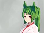  1girl :o animal_ears bangs copyright_request fox_ears green_hair grey_background highres japanese_clothes long_hair looking_at_viewer miko nezuko parted_lips ponytail red_eyes sidelocks simple_background solo upper_body 