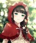  1girl aqua_eyes bangs black_hair blunt_bangs blurry blurry_background bokeh braid capelet cosplay depth_of_field flower grimm&#039;s_fairy_tales hair_over_shoulder hood hood_up kurosawa_dia little_red_riding_hood little_red_riding_hood_(grimm) little_red_riding_hood_(grimm)_(cosplay) long_hair looking_at_viewer love_live! love_live!_sunshine!! mole mole_under_mouth papi_(papiron100) parted_lips red_capelet red_hood signature single_braid smile solo upper_body 