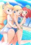  3girls asymmetrical_docking beach big_hair bikini blonde_hair blue_earrings blue_legwear blush breast_press breasts clouds commentary_request drill_hair earrings frilled_bikini frilled_bikini_bottom frills green_eyes hair_ornament hand_holding hand_on_another&#039;s_leg hat hibiki_misora hug hug_from_behind jewelry kalinka_cossack large_breasts long_hair multiple_girls ocean one-piece_swimsuit one_leg_raised open_mouth popporunga redhead rockman rockman_xover ryuusei_no_rockman shirogane_luna short_hair sky small_breasts smile summer swimsuit water 