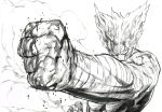  1boy absurdres bandage bandaged_arm blank_eyes blood blood_on_face clenched_hand commentary_request facing_viewer foreshortening garou_(one-punch_man) greyscale highres male_focus monochrome murata_yuusuke muscle official_art one-punch_man perspective pointy_hair shirtless simple_background smoke solo sweat white_background 