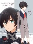  1boy bangs black_bodysuit black_hair blue_eyes bodysuit commentary_request darling_in_the_franxx gloves hiro_(darling_in_the_franxx) long_sleeves looking_at_viewer male_focus military military_uniform necktie pilot_suit red_neckwear short_hair signature socks solo translation_request tsukimori_usako uniform white_gloves 