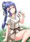  1girl blue_hair bow collarbone commentary_request eyebrows_visible_through_hair flower grass grey_skirt hair_bow hair_flower hair_ornament highres holding holding_flower light_blush long_hair long_ponytail looking_at_viewer love_live! love_live!_sunshine!! matsuura_kanan on_grass on_ground outdoors ribbon ribbon-trimmed_sleeves ribbon_trim shirt sidelocks sitting sitting_on_ground skirt smile solo striped striped_ribbon torikoriko_please!! violet_eyes white_bow white_shirt yopparai_oni 