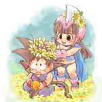  1boy 1girl :d :o armor bikini bikini_armor black_eyes black_hair boots cape chi-chi_(dragon_ball) dougi dragon_ball dragon_ball_(classic) dragon_ball_(object) eyebrows_visible_through_hair flower full_body gloves happy head_wreath helmet long_hair looking_at_another looking_up lowres navel nyoibo open_mouth short_hair sitting sleeveless smile son_gokuu spiky_hair standing stargeyser surprised swimsuit tail wristband yellow_flower 