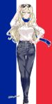  1girl aqua_eyes blush casual denim eyewear_on_head french_flag hand_on_hip highres jeans kantai_collection long_hair looking_at_viewer mikage_takashi nail_polish open_mouth pants richelieu_(kantai_collection) scarf smile solo sunglasses twitter_username 