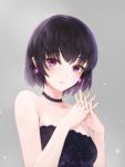  1girl absurdres bangs black_hair blush bob_cut choker commentary crystalherb dress earrings english_commentary grey_background hair_between_eyes highres interlocked_fingers jewelry looking_at_viewer original parted_lips revision short_hair simple_background solo upper_body violet_eyes 