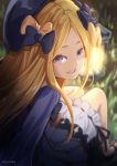  1girl :d abigail_williams_(fate/grand_order) bangs black_bow black_dress black_hat blonde_hair bloomers bow bug butterfly commentary_request dress fate/grand_order fate_(series) hair_bow hat insect lantern long_hair long_sleeves looking_at_viewer looking_back open_mouth orange_bow parted_bangs polka_dot polka_dot_bow round_teeth sitting sleeves_past_fingers sleeves_past_wrists smile solo teeth tyone underwear upper_teeth very_long_hair violet_eyes white_bloomers 