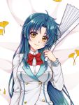  1girl ahoge bakugadou blue_hair blush breasts brown_eyes chidori_kaname closed_mouth fan folding_fan full_metal_panic! holding long_hair long_sleeves looking_at_viewer medium_breasts red_neckwear school_uniform smile solo upper_body 