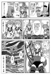  3girls ahoge akebono_(kantai_collection) apron badge bandaid bandaid_on_face bell commentary_request enemy_lifebuoy_(kantai_collection) flower greyscale hair_bell hair_bobbles hair_flower hair_ornament hat headphones highres jingle_bell kantai_collection machinery monochrome multiple_girls neck_ribbon oboro_(kantai_collection) otoufu pleated_skirt remodel_(kantai_collection) ribbon rigging sazanami_(kantai_collection) school_uniform serafuku short_hair side_ponytail skirt skirt_flip smokestack standing standing_on_liquid straw_hat submarine_new_hime swimsuit swimsuit_under_clothes translation_request twintails ushio_(kantai_collection) w_arms 