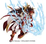  1boy armor brown_eyes brown_hair electricity fire_emblem fire_emblem_heroes fire_emblem_if gloves kita_senri long_coat long_hair male_focus mask official_art open_mouth pants raijintou_(sword) red_armor ryouma_(fire_emblem_if) simple_background solo spiky_hair very_long_hair weapon white_background white_coat white_pants 