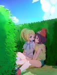  2girls ankea_(a-ramo-do) blonde_hair blue_sky blush brown_eyes brown_hair clouds green_eyes green_shorts hand_on_another&#039;s_face hat hedge_(plant) hood hoodie lillie_(pokemon) looking_at_another mizuki_(pokemon) multiple_girls open_mouth pokemon pokemon_(game) pokemon_sm ponytail red_hat shirt short_sleeves shorts sitting skirt sky white_skirt yellow_shirt yuri 