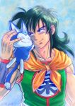  1boy 2016 ^_^ animal animal_ears black_eyes black_hair blue_background cat_ears closed_eyes dated dragon_ball dragon_ball_(classic) fingernails green_shirt hands_on_another&#039;s_head happy hug long_hair looking_at_another male_focus muscle neckerchief puar shirt simple_background sleeveless smile stargeyser tail upper_body whiskers wristband yamcha 