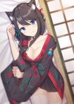  1girl animal_ears arm_up azur_lane bangs black_kimono black_skirt blue_eyes blush breasts brown_hair butterfly_hair_ornament cat_ears cleavage closed_mouth collar commentary_request dutch_angle eyebrows_visible_through_hair floral_print fusou_(azur_lane) hair_between_eyes hair_ornament highres izumo_neru japanese_clothes kimono long_hair lying medium_breasts on_side pleated_skirt print_kimono short_kimono skirt smile solo thigh-highs white_legwear 