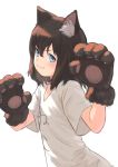  1girl animal_ears bangs blue_eyes brown_hair closed_mouth commentary_request copyright_request gloves hair_between_eyes hands_up highres looking_at_viewer looking_to_the_side paw_gloves paws shirt short_sleeves simple_background smile solo upper_body wasabi60 white_background white_shirt 