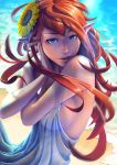  1girl absurdres aqua_eyes bare_shoulders beach breasts dress fairy flower hair_flower hair_ornament hand_on_own_face highres large_breasts lips long_hair looking_at_viewer nene_(taiwan) ocean original pointy_ears redhead seductive_smile see-through sky smile solo sundress sunflower water wet wet_clothes wet_dress white_dress 