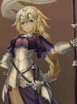  1girl armor armored_dress blonde_hair blue_eyes braid breasts commentary_request fate/grand_order fate_(series) flag flagpole gauntlets hand_on_hip highres jeanne_d&#039;arc_(fate) jeanne_d&#039;arc_(fate)_(all) large_breasts light_smile long_braid long_hair looking_at_viewer makitoshi0316 single_braid solo sword very_long_hair weapon 
