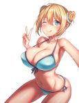  1girl bikini blend_s blonde_hair blue_bikini blue_eyes breasts cleavage clouds cowboy_shot double_bun front-tie_top hair_between_eyes hinata_kaho large_breasts leaning_forward looking_at_viewer lun7732 self_shot side-tie_bikini simple_background solo swimsuit v white_background 