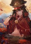  1girl black_hair cape chains commentary falling_leaves fate/grand_order fate_(series) flower gold_chain hat leaf long_hair marchab_66 medallion naked_cape no_panties oda_nobunaga_(fate) oda_uri red_eyes shako_cap sitting water 